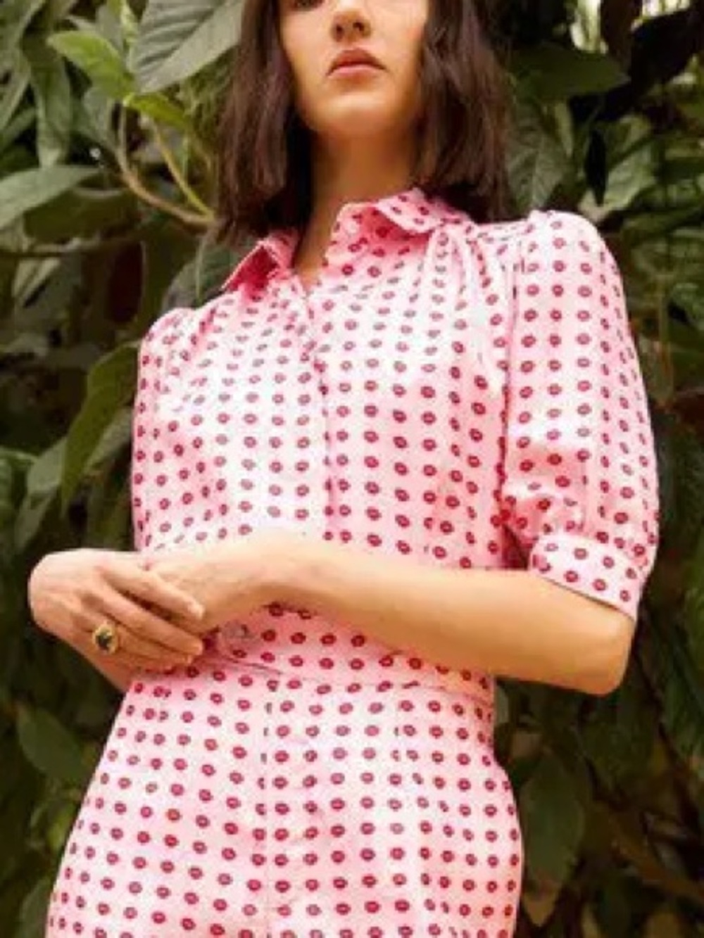 Lisou Betty Lip Print Silk Puff Sleeve Blouse Top Pink